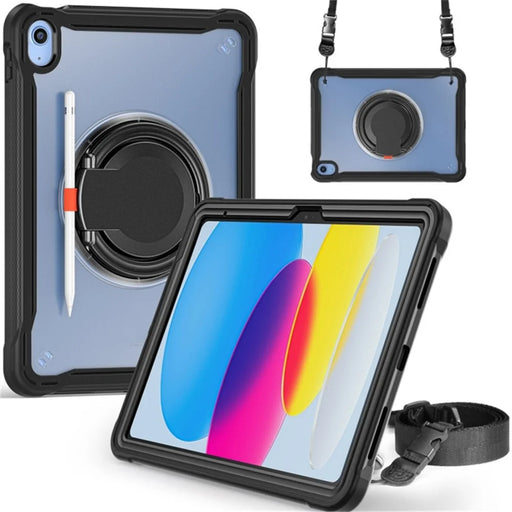 For iPad (2025) / 10.9 (2022) 360-Degree Rotating Kickstand PC+TPU Cover Shockproof Portable Tablet Case with Shoulder Strap - Black - 2