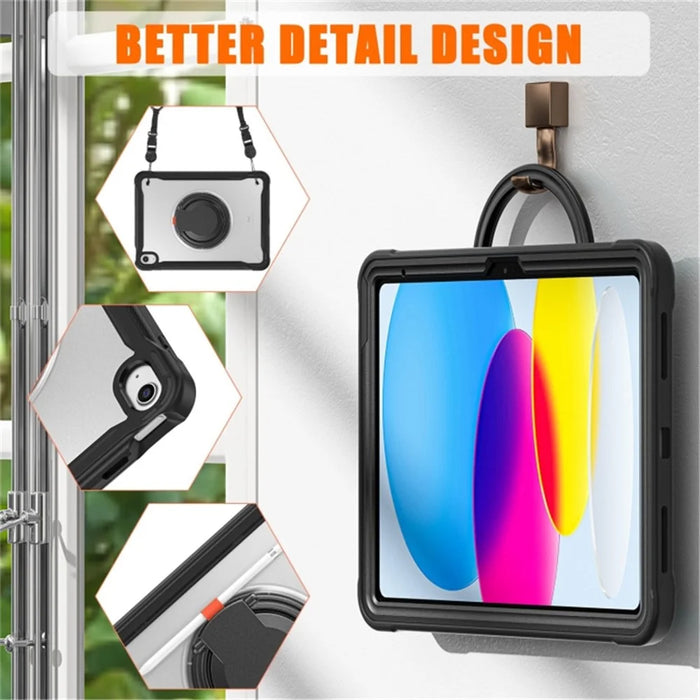 For iPad (2025) / 10.9 (2022) 360-Degree Rotating Kickstand PC+TPU Cover Shockproof Portable Tablet Case with Shoulder Strap - Black - 5