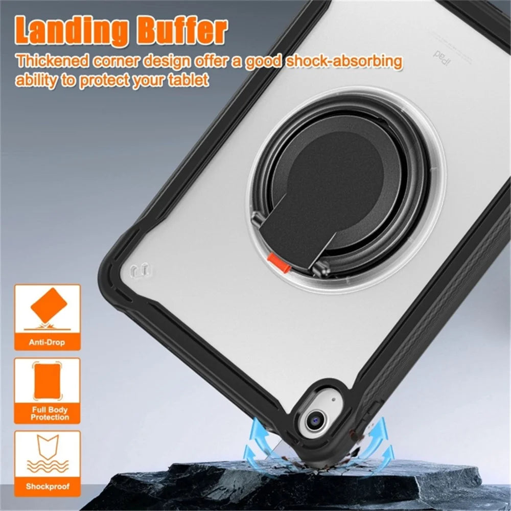 For iPad (2025) / 10.9 (2022) 360-Degree Rotating Kickstand PC+TPU Cover Shockproof Portable Tablet Case with Shoulder Strap - Black - 6