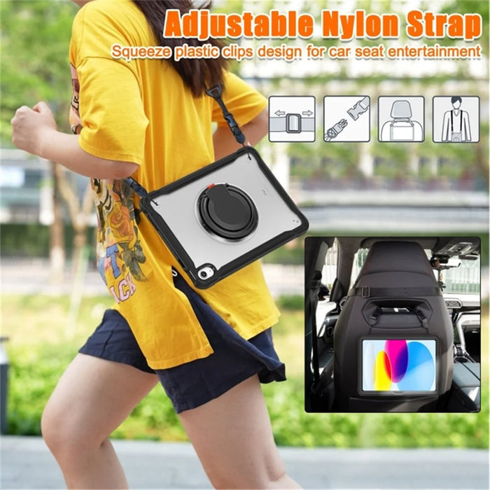 For iPad (2025) / 10.9 (2022) 360-Degree Rotating Kickstand PC+TPU Cover Shockproof Portable Tablet Case with Shoulder Strap - Black - 7