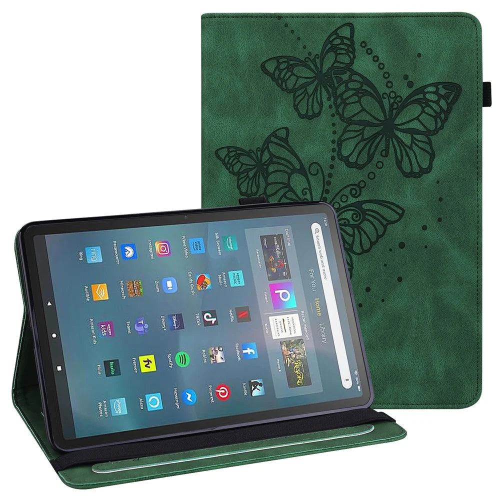For Amazon Fire Max 11 PU Leather Wallet Tablet Case Imprinted Butterfly Stand Tablet Cover - Green - 1