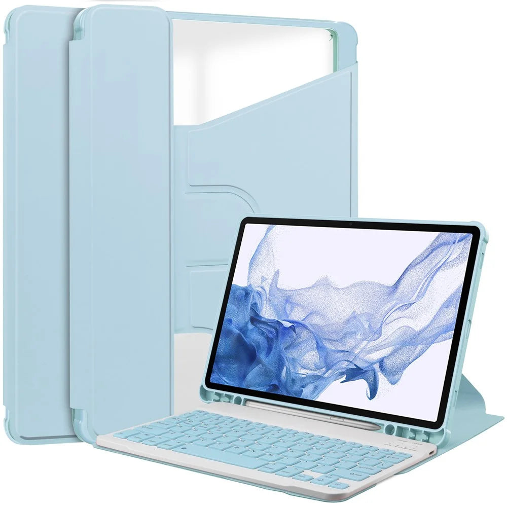 For Samsung Galaxy Tab S9 Tablet Case 360-Degree Rotating Stand Leather+Acrylic Cover with Wireless Keyboard - Sky Blue - 1