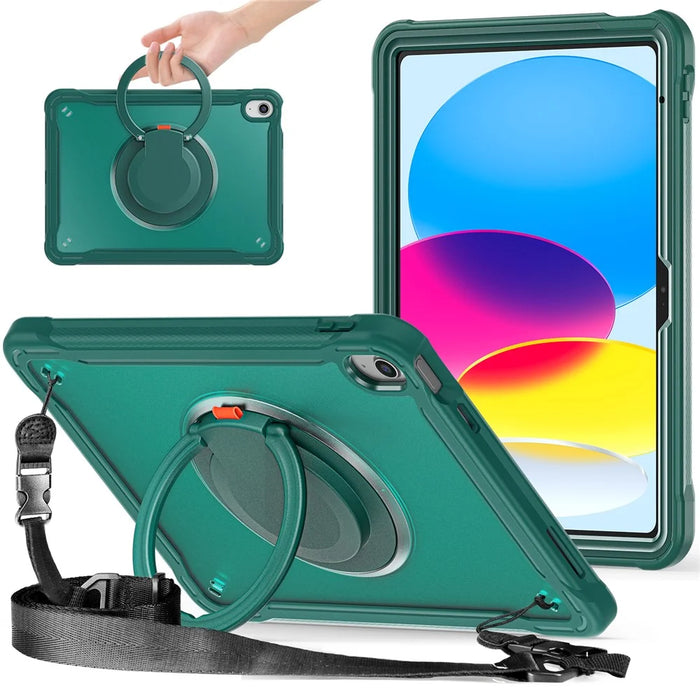 Shockproof Kickstand Case for iPad (2025) / 10.9 (2022) PC+TPU Hand Strap Tablet Cover with Shoulder Strap - Midnight Green - 2