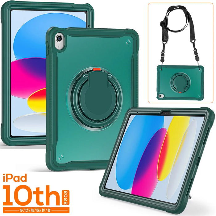 Shockproof Kickstand Case for iPad (2025) / 10.9 (2022) PC+TPU Hand Strap Tablet Cover with Shoulder Strap - Midnight Green - 4