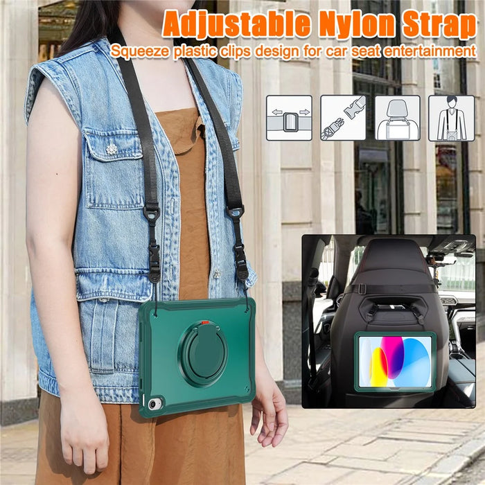 Shockproof Kickstand Case for iPad (2025) / 10.9 (2022) PC+TPU Hand Strap Tablet Cover with Shoulder Strap - Midnight Green - 6