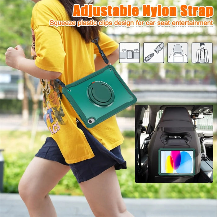 Shockproof Kickstand Case for iPad (2025) / 10.9 (2022) PC+TPU Hand Strap Tablet Cover with Shoulder Strap - Midnight Green - 7
