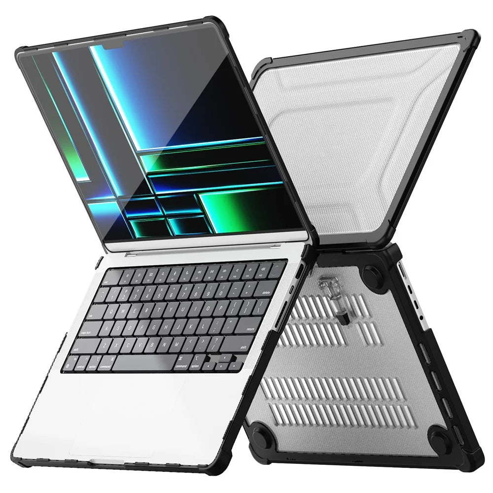For MacBook Pro 14 inch (2026) A3427 A3426 / (2025) A3434 A3112 A3185 A3401 / (2024) A2918 A2992 / (2023) A2779 / (2022) / (2021) A2442 Heat Dissipation Hard PC+TPU Laptop Case with Kickstand - Black - 2