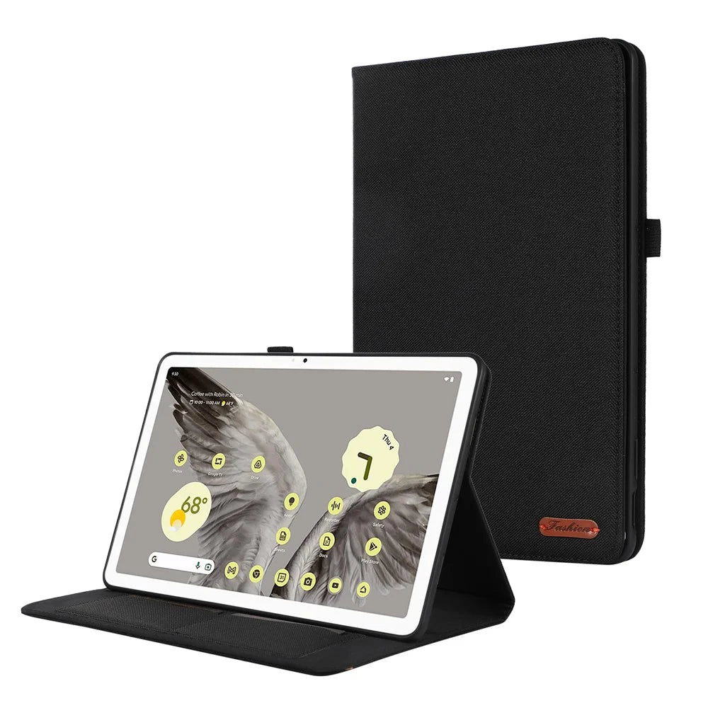 For Google Pixel Tablet Protective Cover Cloth Texture PU Leather Stand Smart Tablet Case with Card Holder - Black - 1