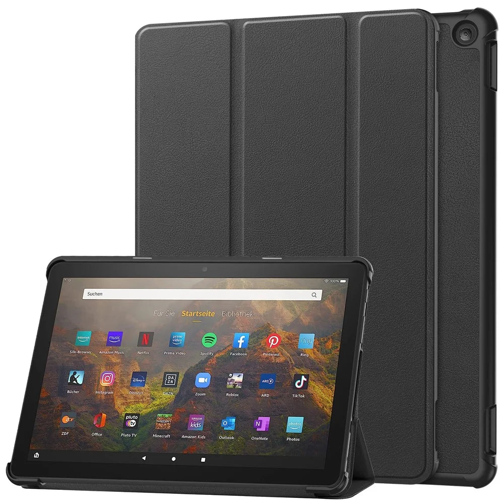 For Amazon Fire HD 10 (2023) Smart Tablet Case Tri-Fold Stand PU Leather Full Body Protective Cover - Black - 1