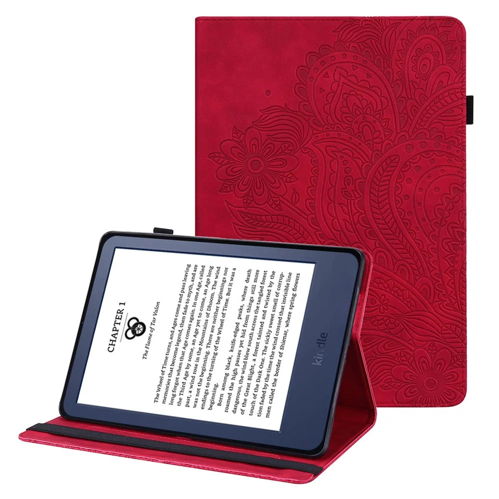 For Amazon Kindle 6 inch (2024) / (2022) PU Leather E-Reader Case Pattern Imprinted Card Holder Stand Cover - Red - 1