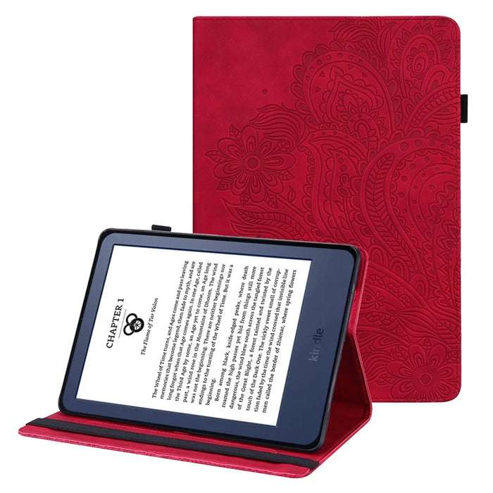 For Amazon Kindle 6 inch (2024) / (2022) PU Leather E-Reader Case Pattern Imprinted Card Holder Stand Cover - Red - 1