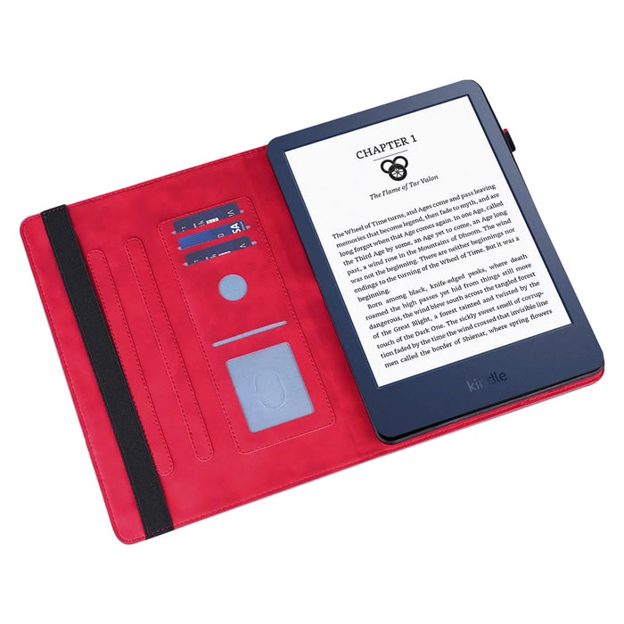 For Amazon Kindle 6 inch (2024) / (2022) PU Leather E-Reader Case Pattern Imprinted Card Holder Stand Cover - Red - 3
