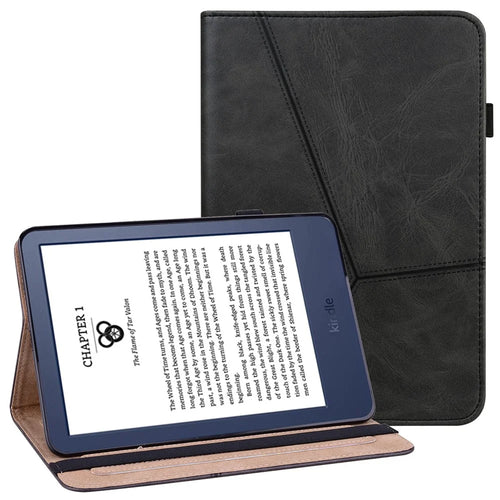 For Amazon Kindle 6 inch (2024) / (2022) Line Imprinted PU Case Shockproof Tablet Cover with Card Slots - Black - 1