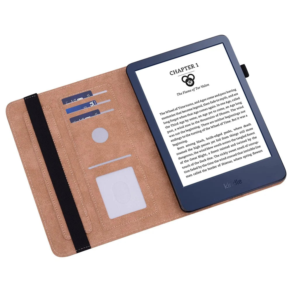 For Amazon Kindle 6 inch (2024) / (2022) Line Imprinted PU Case Shockproof Tablet Cover with Card Slots - Black - 3