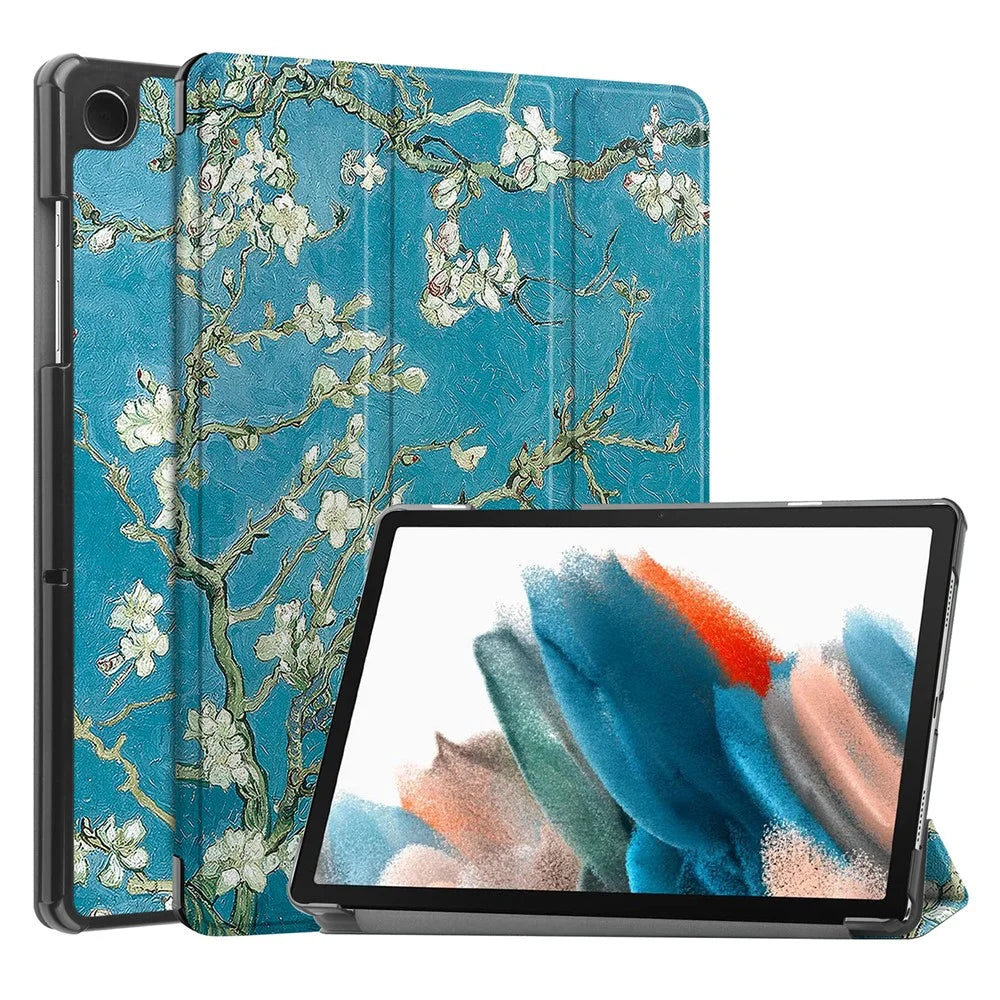 For Samsung Galaxy Tab A9 Tri-fold Stand Tablet Leather Case Pattern Printing Tablet Cover - Apricot Blossom - 1