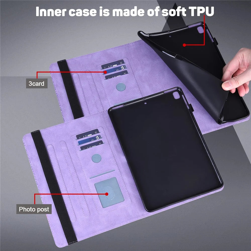 For Samsung Galaxy Tab S10 FE / S9 FE / S9 PU Leather Card Holder Tablet Case Flower Imprinting Support Stand Cover - Purple - 3