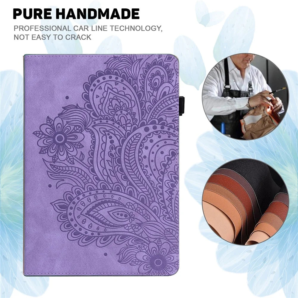 For Samsung Galaxy Tab S10 FE / S9 FE / S9 PU Leather Card Holder Tablet Case Flower Imprinting Support Stand Cover - Purple - 5