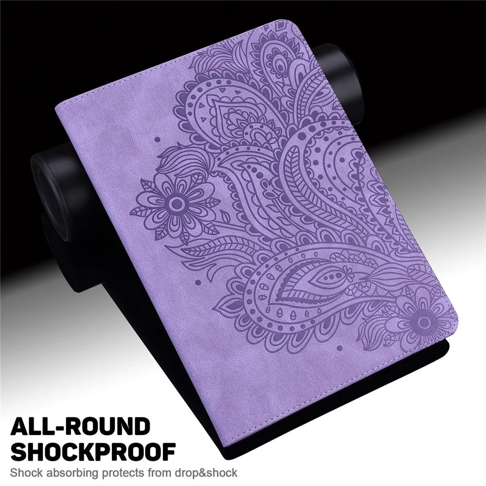 For Samsung Galaxy Tab S10 FE / S9 FE / S9 PU Leather Card Holder Tablet Case Flower Imprinting Support Stand Cover - Purple - 6