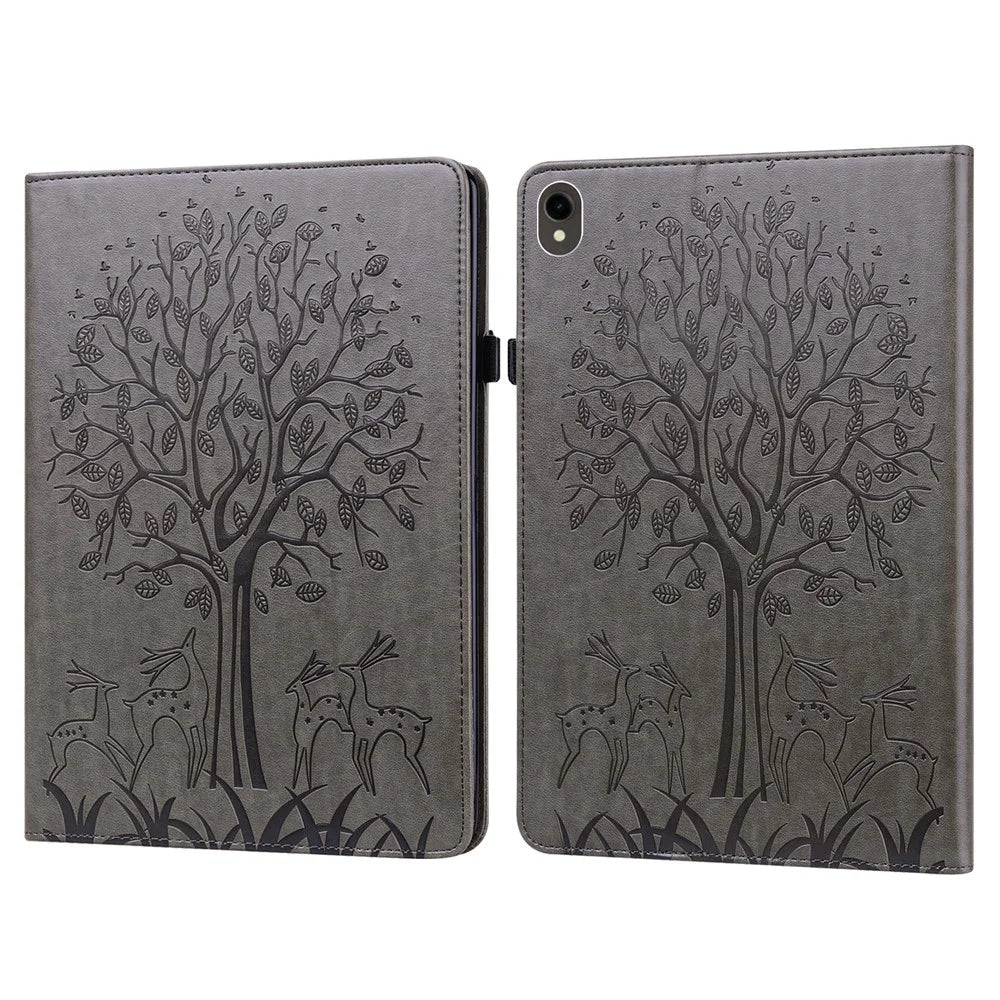 For Samsung Galaxy Tab S10 FE / S9 FE / S9 Tree Deer Imprinted Stand Cover PU Leather Card Holder Tablet Case - Grey - 1