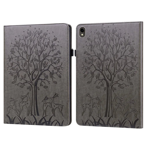For Samsung Galaxy Tab S10 FE / S9 FE / S9 Tree Deer Imprinted Stand Cover PU Leather Card Holder Tablet Case - Grey - 1