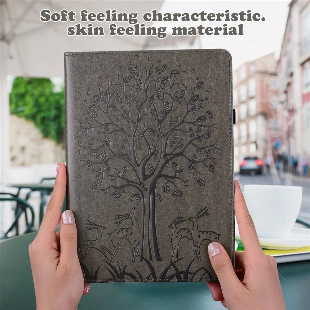 For Samsung Galaxy Tab S10 FE / S9 FE / S9 Tree Deer Imprinted Stand Cover PU Leather Card Holder Tablet Case - Grey - 6