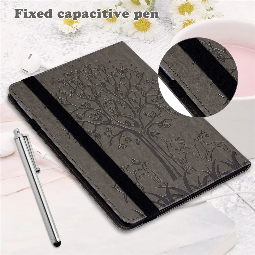 For Samsung Galaxy Tab S10 FE / S9 FE / S9 Tree Deer Imprinted Stand Cover PU Leather Card Holder Tablet Case - Grey - 7