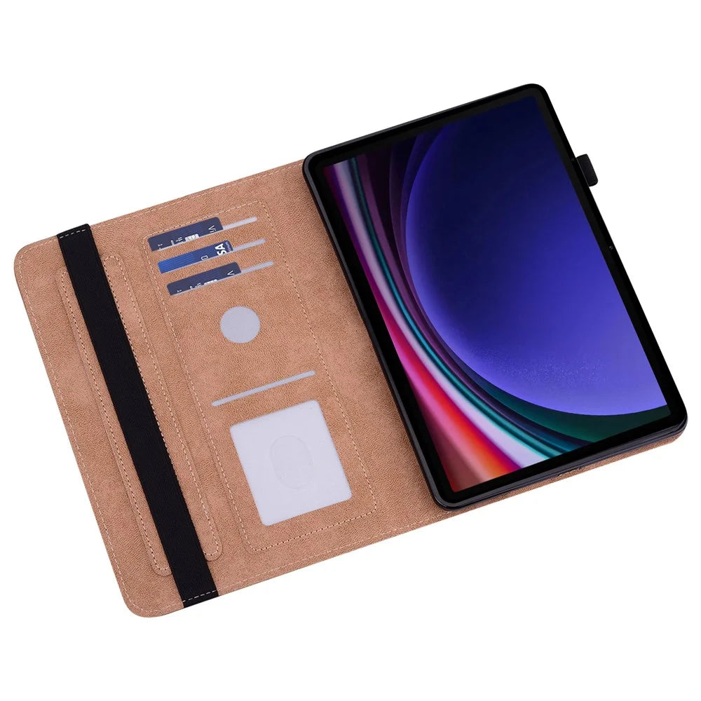 For Samsung Galaxy Tab S10 FE / S9 FE / S9 PU Stand Cover Line Imprinted Protective Tablet Cover with Card Slots - Black - 3