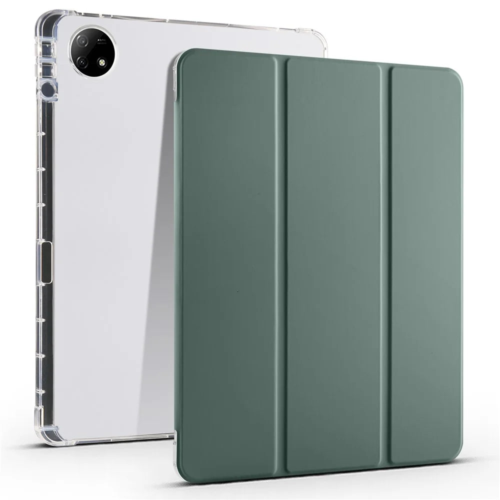 For vivo Pad2 Smart Trifold Stand Case PU Leather Transparent TPU Back Tablet Cover with Pencil Holder - Midnight Green - 1