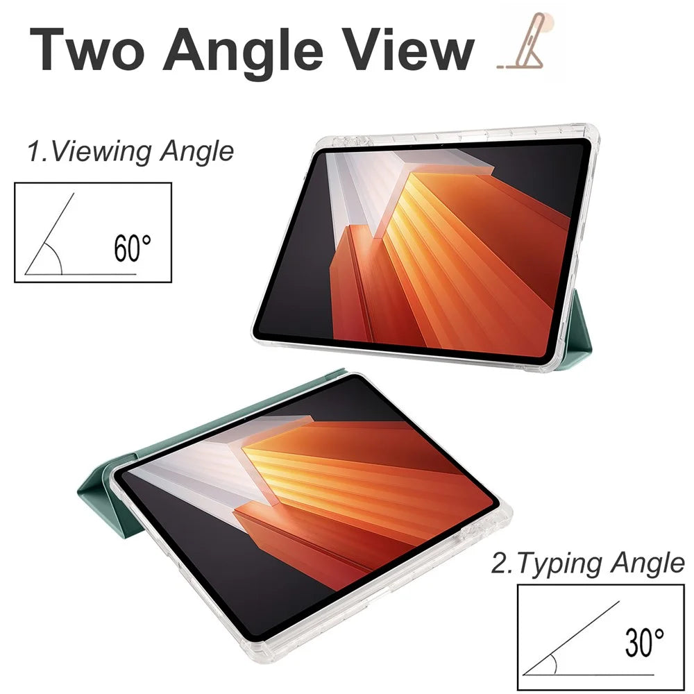 For vivo Pad2 Smart Trifold Stand Case PU Leather Transparent TPU Back Tablet Cover with Pencil Holder - Midnight Green - 2