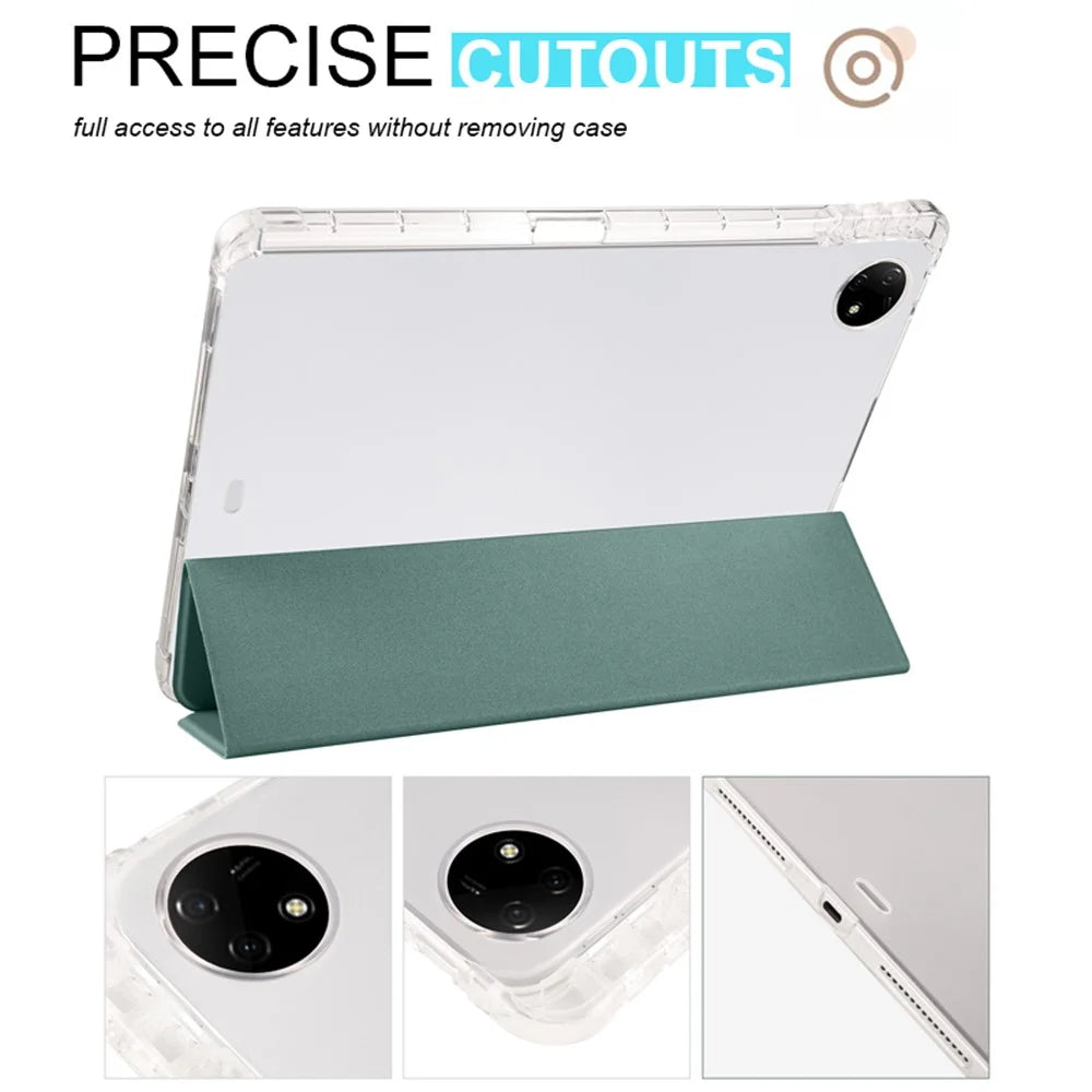 For vivo Pad2 Smart Trifold Stand Case PU Leather Transparent TPU Back Tablet Cover with Pencil Holder - Midnight Green - 3
