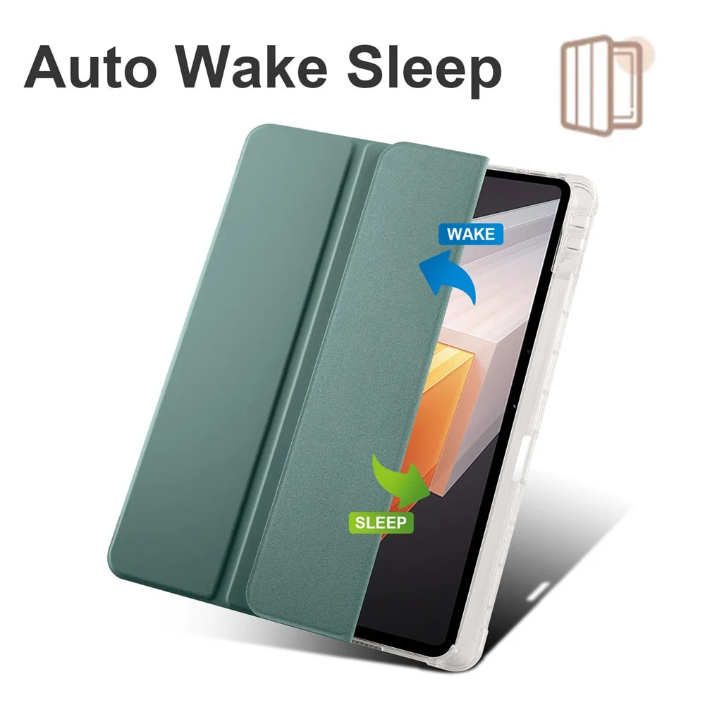 For vivo Pad2 Smart Trifold Stand Case PU Leather Transparent TPU Back Tablet Cover with Pencil Holder - Midnight Green - 4