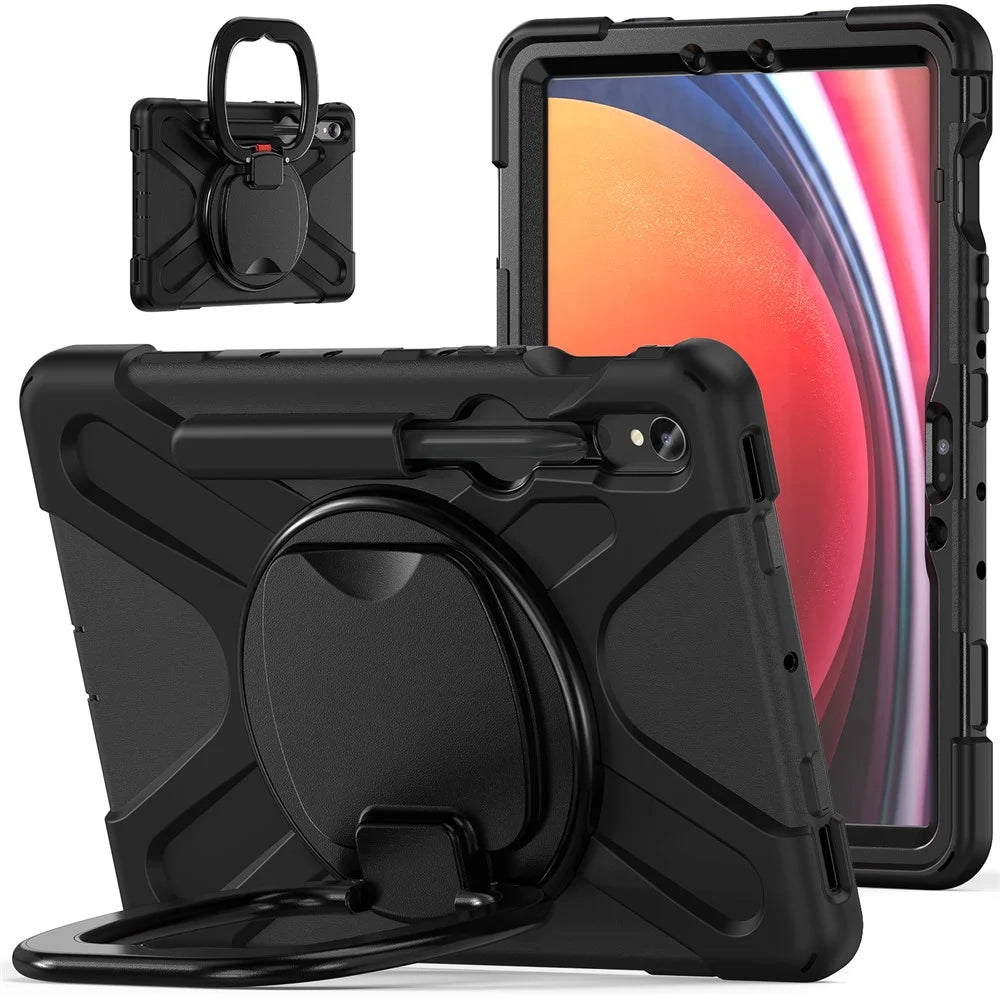 For Samsung Galaxy Tab S10 Lite / S10 FE / S9 FE / S9 / S8 / S7 PC+Silicone Case Rotating Kickstand Tablet Cover - Black+Black - 1