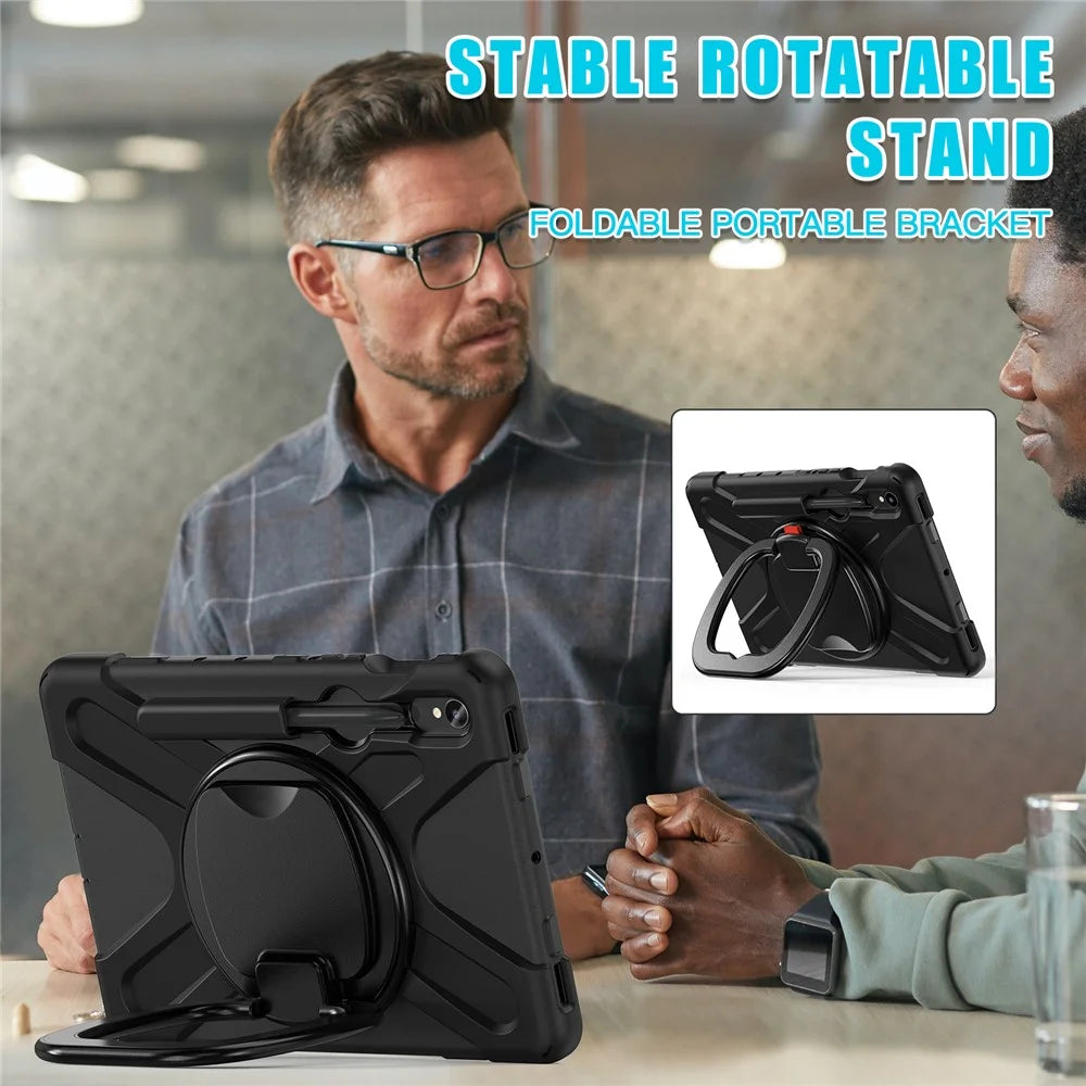 For Samsung Galaxy Tab S10 Lite / S10 FE / S9 FE / S9 / S8 / S7 PC+Silicone Case Rotating Kickstand Tablet Cover - Black+Black - 7