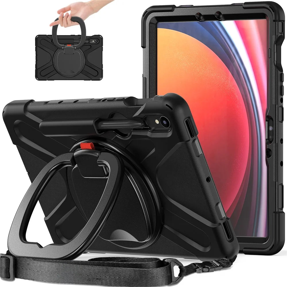 For Samsung Galaxy Tab S10 Lite / S10 FE / S9 FE / S9 / S8 / S7 PC+Silicone Case Rotating Kickstand Tablet Cover with Shoulder Strap - Black+Black - 1