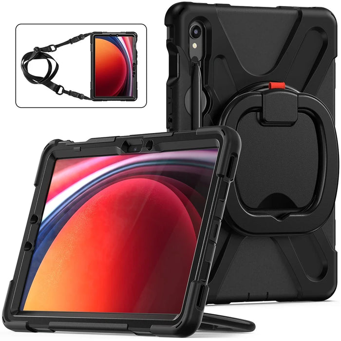 For Samsung Galaxy Tab S10 Lite / S10 FE / S9 FE / S9 / S8 / S7 PC+Silicone Case Rotating Kickstand Tablet Cover with Shoulder Strap - Black+Black - 2