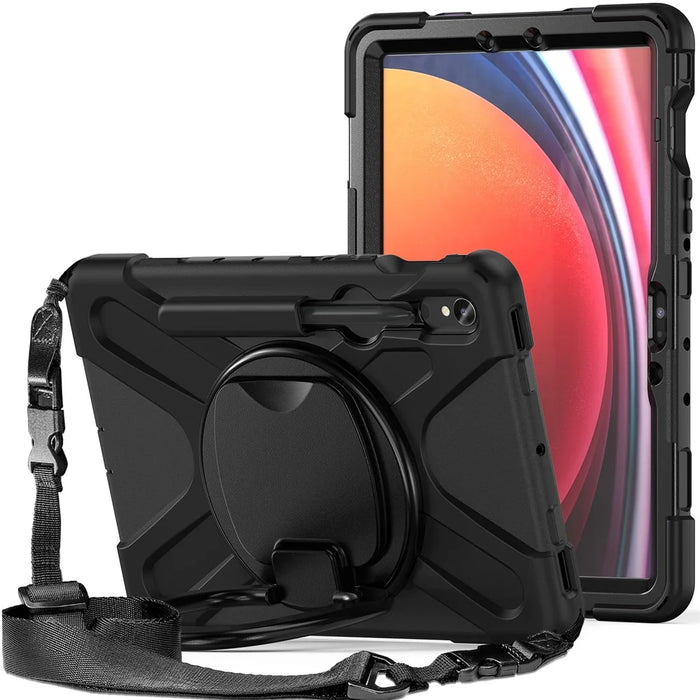 For Samsung Galaxy Tab S10 Lite / S10 FE / S9 FE / S9 / S8 / S7 PC+Silicone Case Rotating Kickstand Tablet Cover with Shoulder Strap - Black+Black - 3
