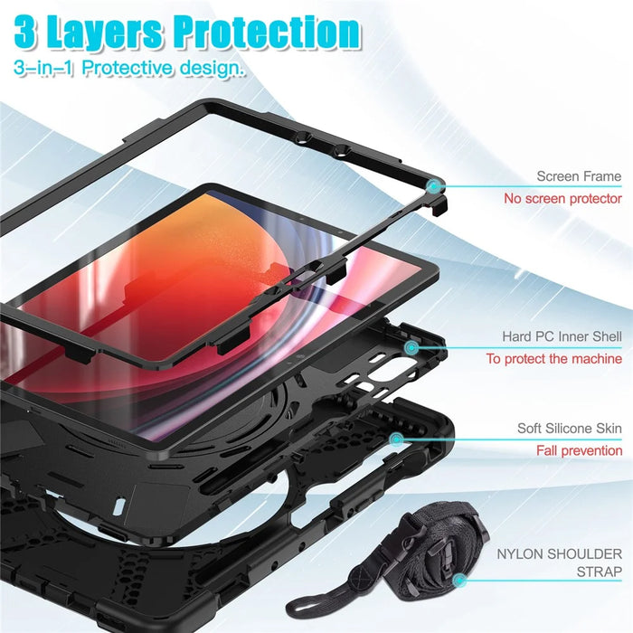 For Samsung Galaxy Tab S10 Lite / S10 FE / S9 FE / S9 / S8 / S7 PC+Silicone Case Rotating Kickstand Tablet Cover with Shoulder Strap - Black+Black - 4