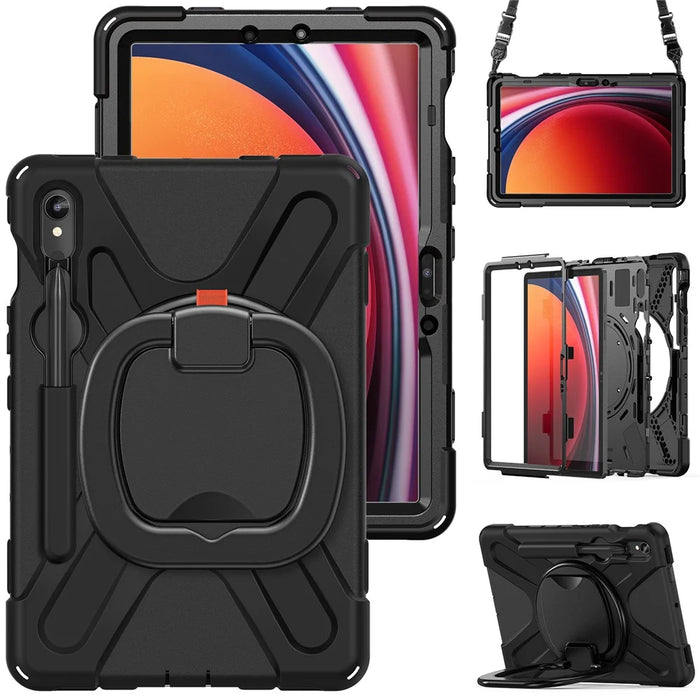 For Samsung Galaxy Tab S10 Lite / S10 FE / S9 FE / S9 / S8 / S7 PC+Silicone Case Rotating Kickstand Tablet Cover with Shoulder Strap - Black+Black - 6
