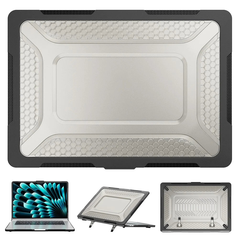 For Macbook Air 15 inch (2026) A3448 / (2025) A3241 / (2024) A311 / (2023) A2941 Anti-Slip Laptop Case Honeycomb Heat Dissipation Kickstand PC+TPU Cover - Black - 1
