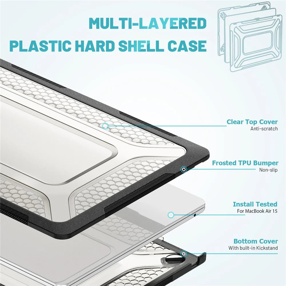 For Macbook Air 15 inch (2026) A3448 / (2025) A3241 / (2024) A311 / (2023) A2941 Anti-Slip Laptop Case Honeycomb Heat Dissipation Kickstand PC+TPU Cover - Black - 3