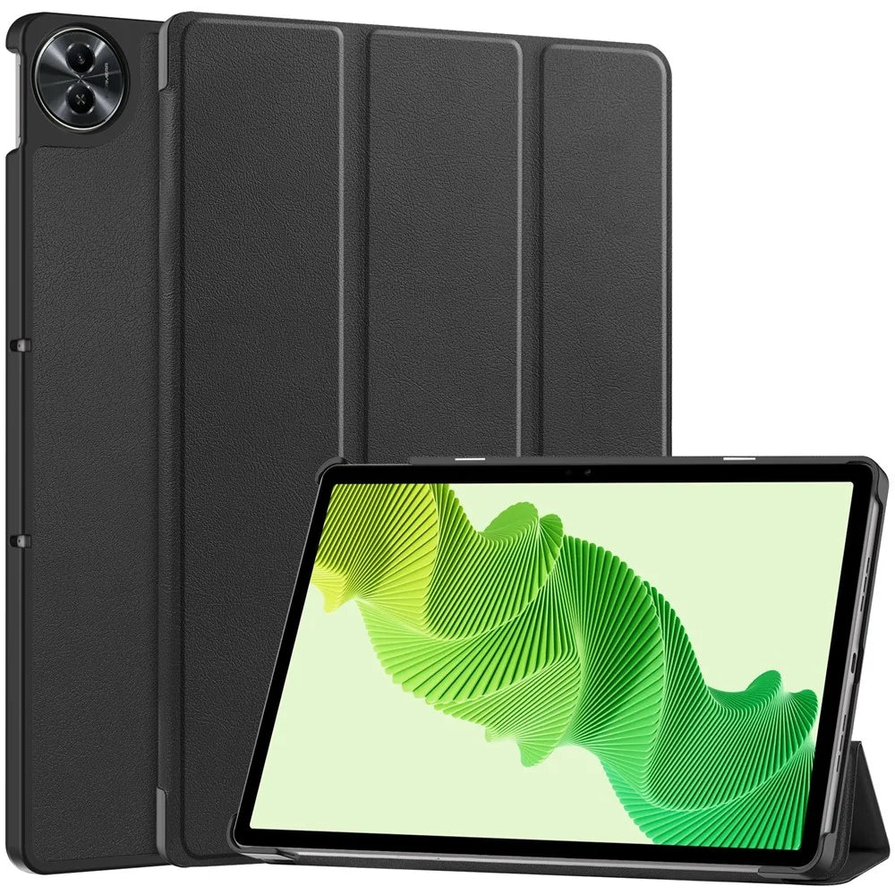 For Realme Pad 2 Trifold Stand Tablet Case PU Leather Full Protection Cover - Black - 1