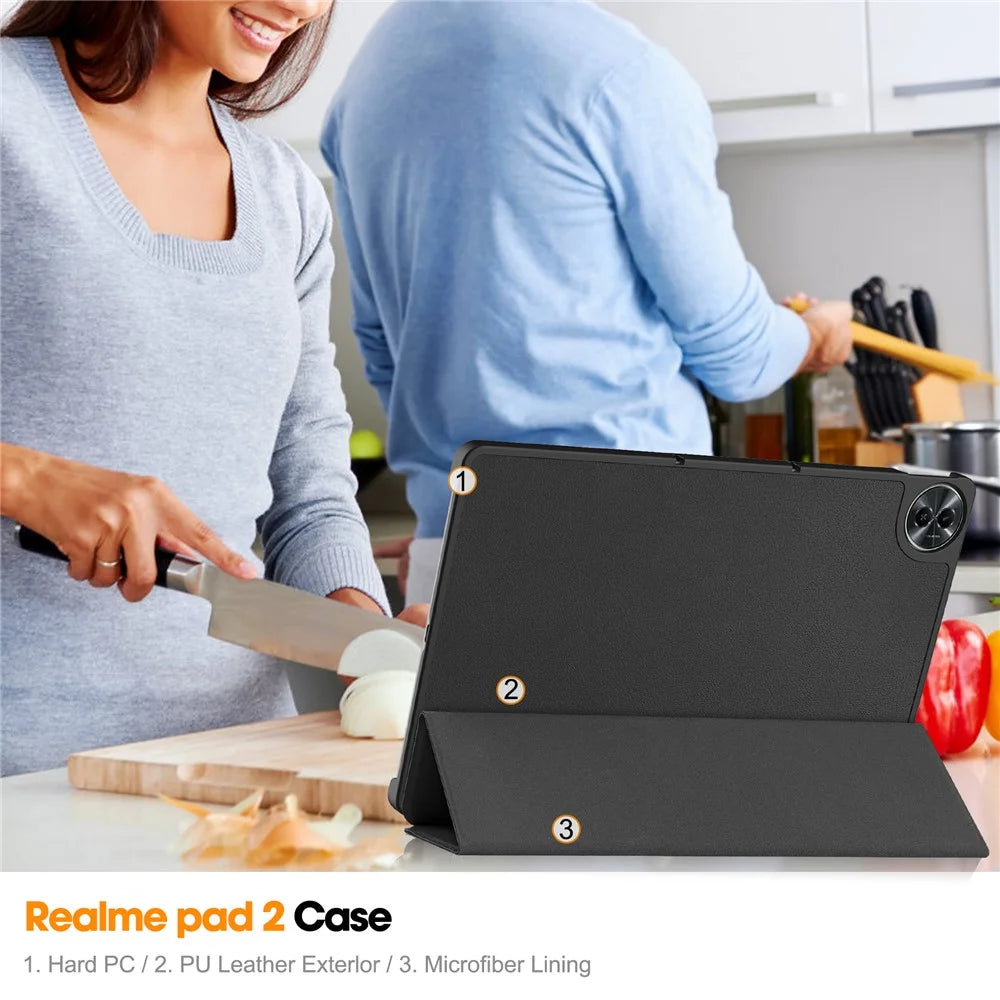 For Realme Pad 2 Trifold Stand Tablet Case PU Leather Full Protection Cover - Black - 7