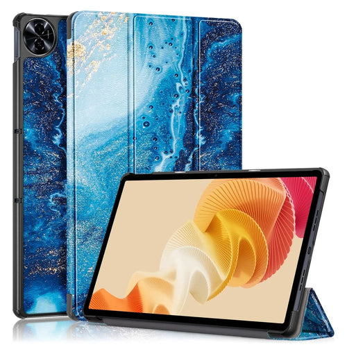 For Realme Pad 2 PU Leather Pattern Printing Case Tri-fold Stand Folio Tablet Cover - Wave - 1