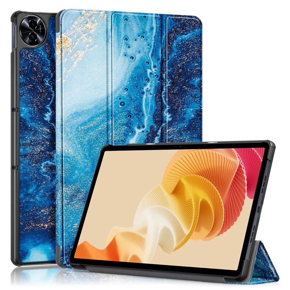 For Realme Pad 2 PU Leather Pattern Printing Case Tri-fold Stand Folio Tablet Cover - Wave - 1