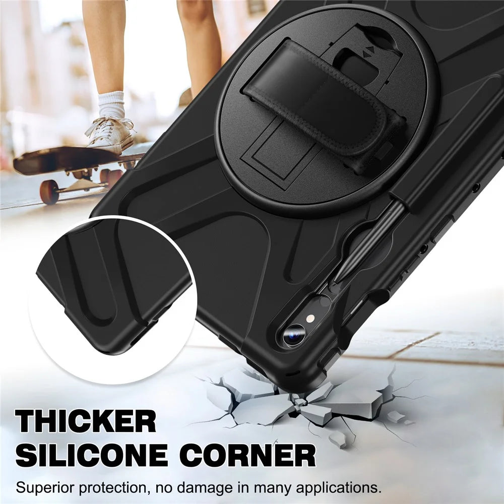 For Samsung Galaxy Tab S10 Lite / S10 FE / S9 FE / S9 X710 / S8 X700 / S7 T870 Wrist Strap Tablet Case PC+Silicone Kickstand Cover - Black - 4
