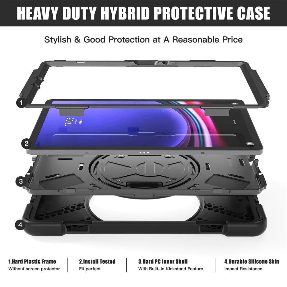 For Samsung Galaxy Tab S10 Lite / S10 FE / S9 FE / S9 X710 / S8 X700 / S7 T870 Wrist Strap Tablet Case PC+Silicone Kickstand Cover - Black - 7
