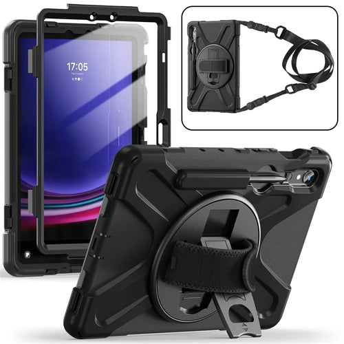 For Samsung Galaxy Tab S10 Lite / S10 FE / S9 FE / S9 X710 / S8 X700 / S7 T870 PC+Silicone Tablet Case Kickstand Cover with Straps - Black - 1
