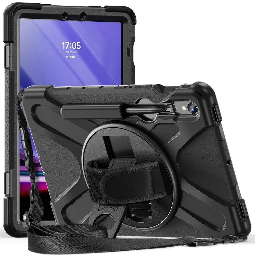For Samsung Galaxy Tab S10 Lite / S10 FE / S9 FE / S9 X710 / S8 X700 / S7 T870 PC+Silicone Tablet Case Kickstand Cover with Straps - Black - 2