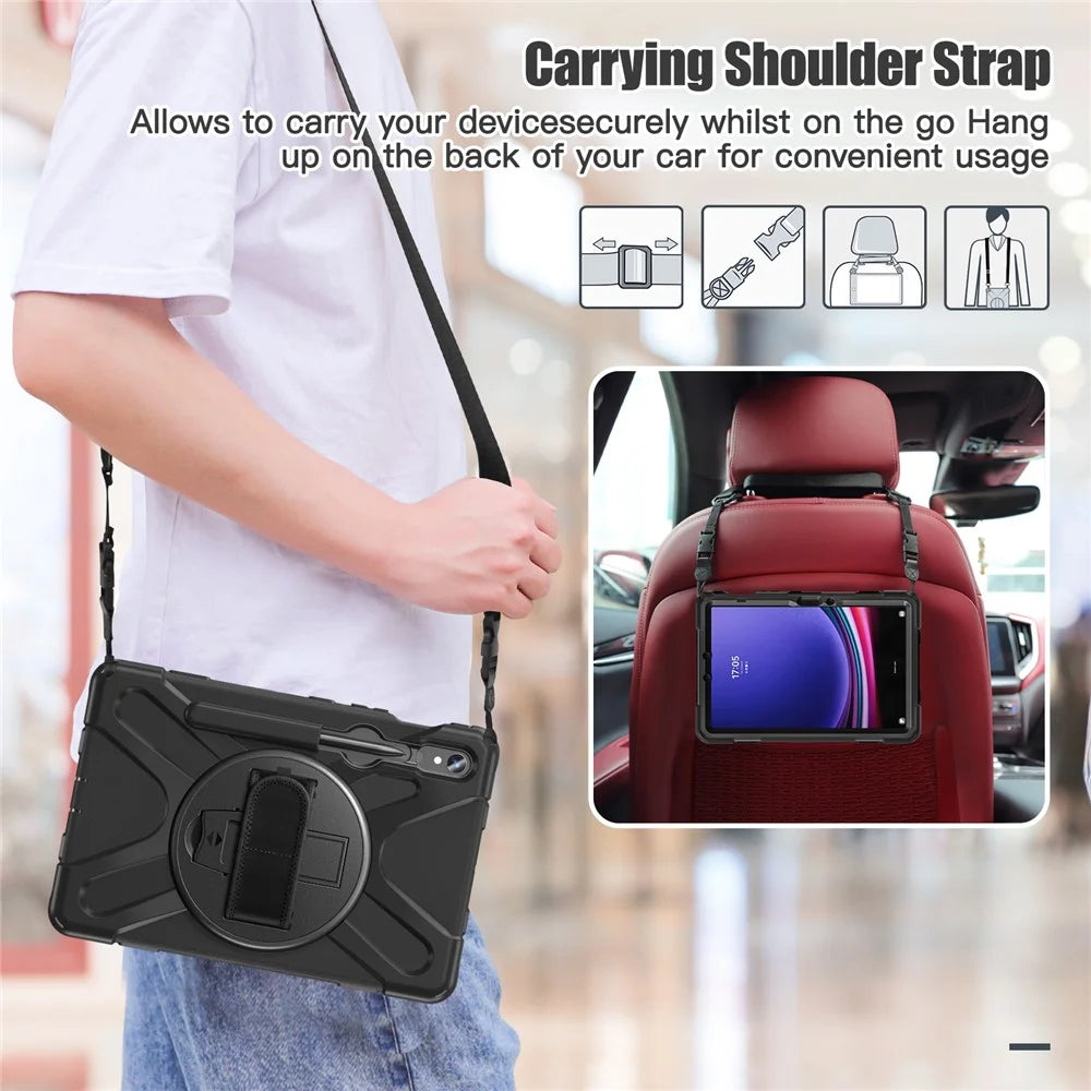 For Samsung Galaxy Tab S10 Lite / S10 FE / S9 FE / S9 X710 / S8 X700 / S7 T870 PC+Silicone Tablet Case Kickstand Cover with Straps - Black - 4