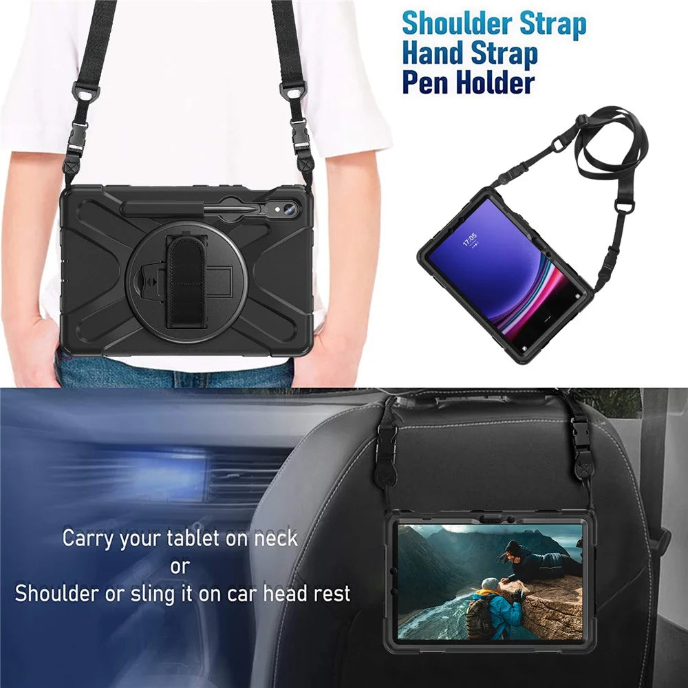 For Samsung Galaxy Tab S10 Lite / S10 FE / S9 FE / S9 X710 / S8 X700 / S7 T870 PC+Silicone Tablet Case Kickstand Cover with Straps - Black - 6